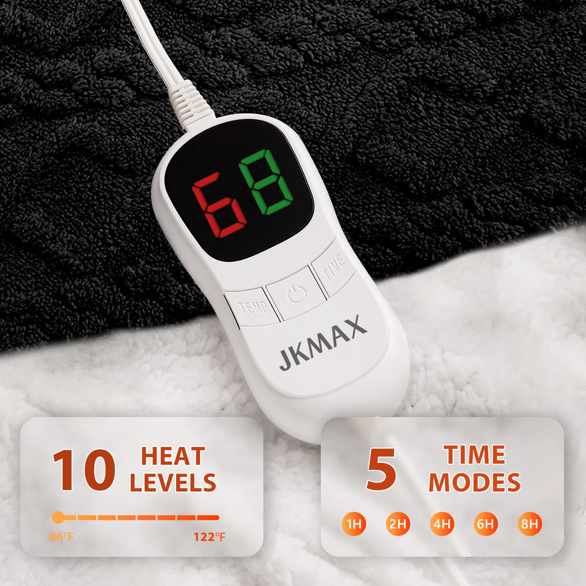 JKMAX Heated Electric Blanket Full Size-72"x84" Heating Blanket with 10 Heating Levels & 5 Time Settings Over-Heat Protection，Winter Warmer for Adults with ETL Certification（Black）