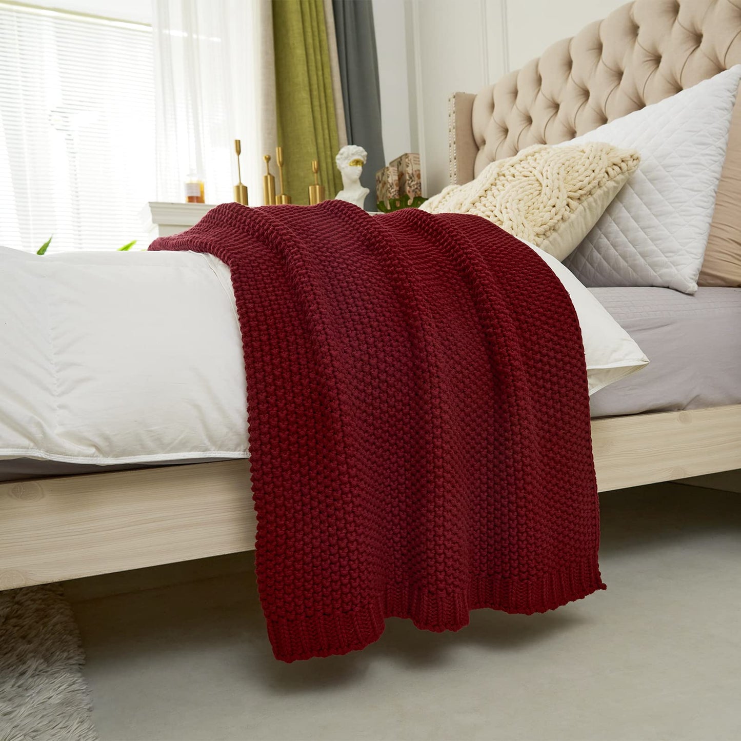 Longhui bedding Chunky Cable Knit Throw Blanket Lightweight Burgundy 100% Organic Cotton Blanket for Sofa Couch Bed Baby Nursery, Rustic Shabby Chic Modern Farmhouse, 51” x 63” Give Laundering Bag