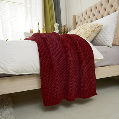 Longhui bedding Chunky Cable Knit Throw Blanket Lightweight Burgundy 100% Organic Cotton Blanket for Sofa Couch Bed Baby Nursery, Rustic Shabby Chic Modern Farmhouse, 51” x 63” Give Laundering Bag