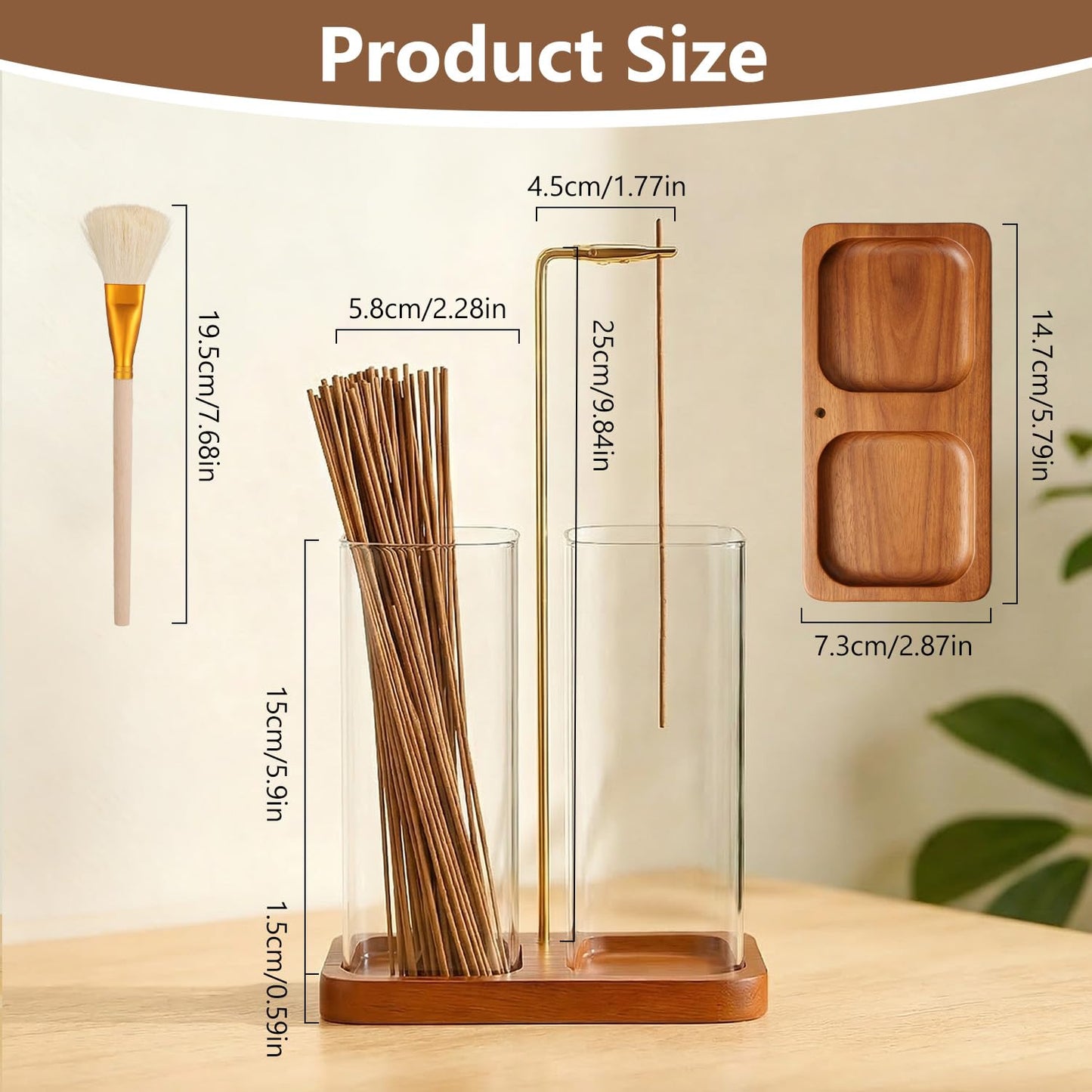 2-in-1 Incense Holder for Sticks with Dual Tall Glass Jars, Incense Burner with Glass Ash Catcher & Storage for Meditation Yoga Spa Room Home Decor