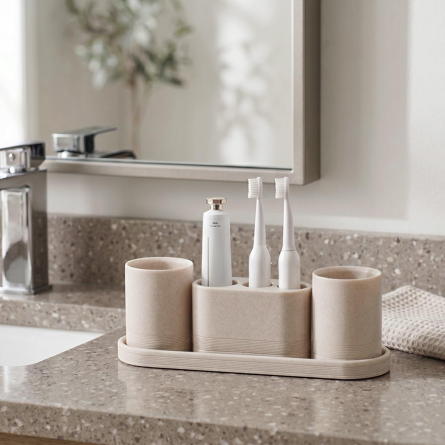 WUUAHOME Bathroom Accessories Set, 4 pcs Toothbrush Holders Set Included 3 Slots Electric Toothbrush and Toothpaste Holder Stand, 2 Tumblers & Tray for Bathroom Countertop Sink Modern Decor (Beige)