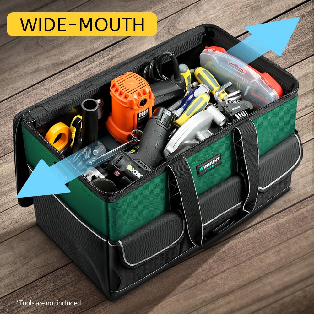 WINHUNT Tool Bag, 19-inch Wide Mouth Tool Organisers, 600 Denier with 6 Interior 8 Exterior Pockets Large Tool Bag for Home DIY & Equipment Storage, Green and Black (19 inch)