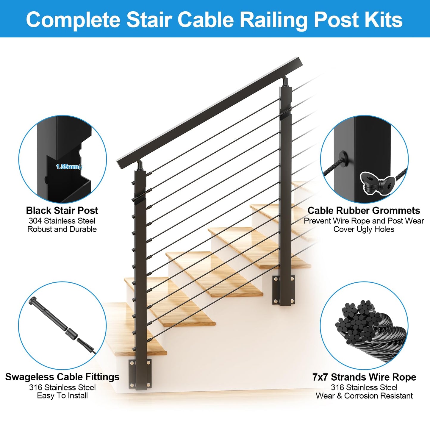 RailinGo 4-12FT 36" Side Mount Stair Railing Post Kits Include 2Pack Right Side Stair Posts, 150FT Wire Rope, Fasica Mount Swageless Stair Railing, 1/8" Stainless Steel Black Cable Railing Kits, RG73