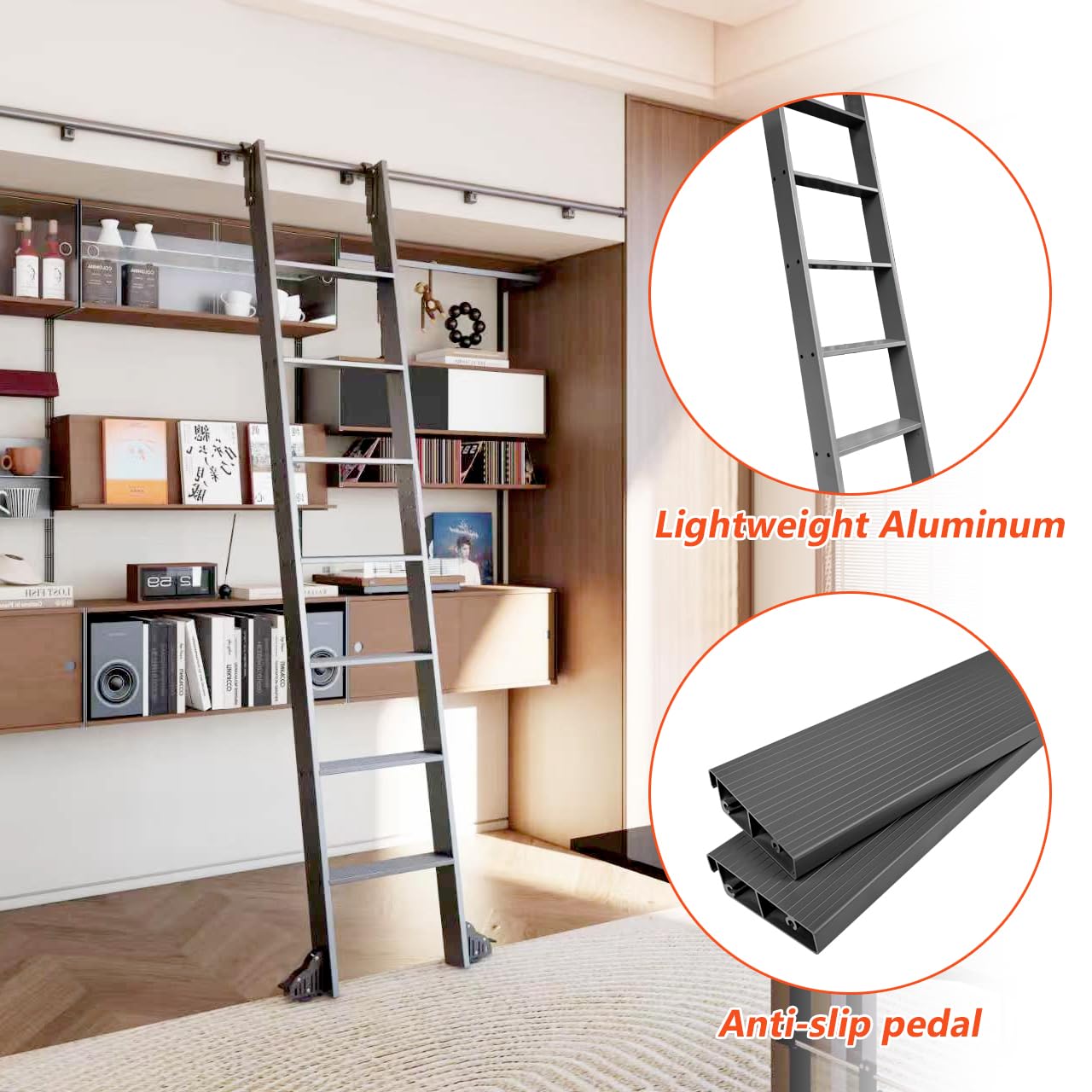 96" Sliding Library Ladder, Black +8FT Rolling Track Kit