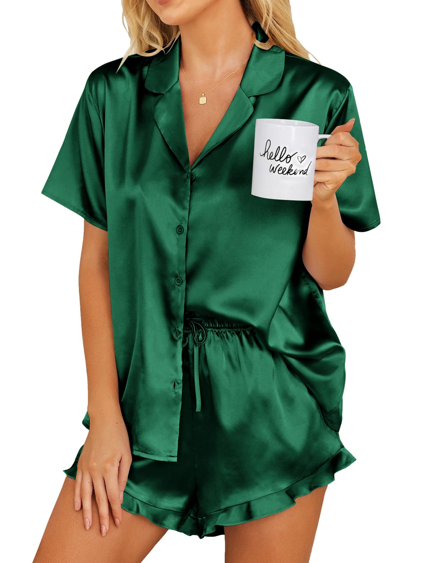 Ekouaer Womens Satin Pajamas Set Button Down 2 Piece Silk Pjs Shorts Set Ruffle Lingerie Notch Collar Sleepwear