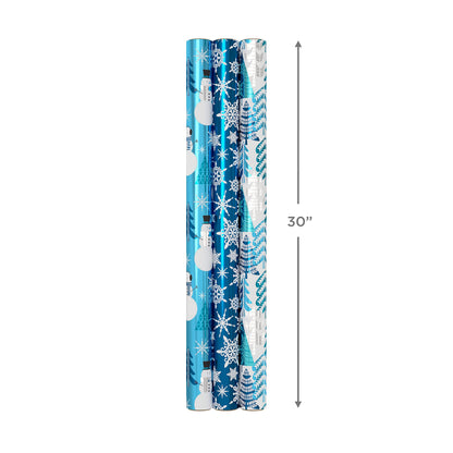 Hallmark Blue Foil Christmas Wrapping Paper with Cut Lines on Reverse (3 Rolls: 60 sq. ft. ttl) Snowmen, Snowflakes, Christmas Trees