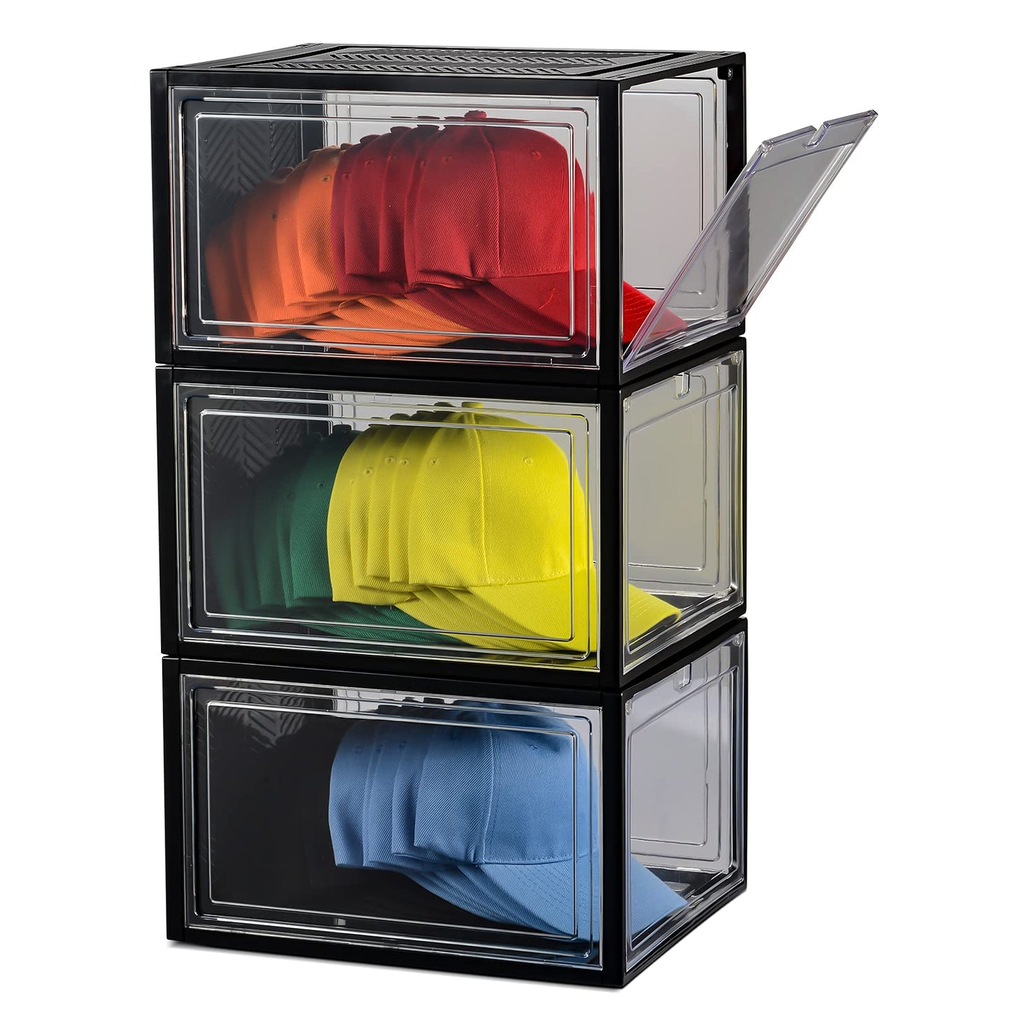 starogegc Hat Organizer Box for Baseball Caps, 3Pack Clear Plastic Hat Storage with Magnetic Door, Baseball Cap Organizer, Hat Holder, Hat Case, Hat Box(X-Large)-Black&Clear
