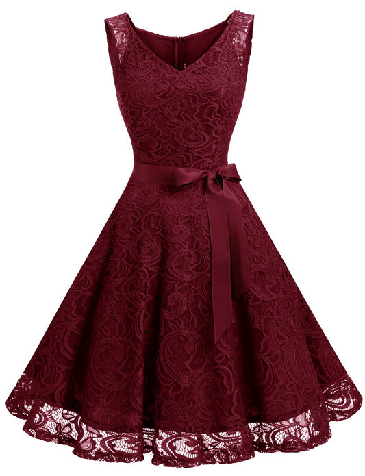 Dressystar 0010 Women Floral Lace Bridesmaid Party Dress Short Prom Dress V Neck Burgundy XXL