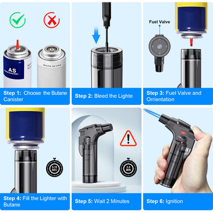 Torch Lighters, 4 Pack, Butane Refillable Jet Flame Torch Lighter, Windproof, Safe, Multi Utility Lighter for Candles, Fireplaces, Campfires, Grill (Without Butane)