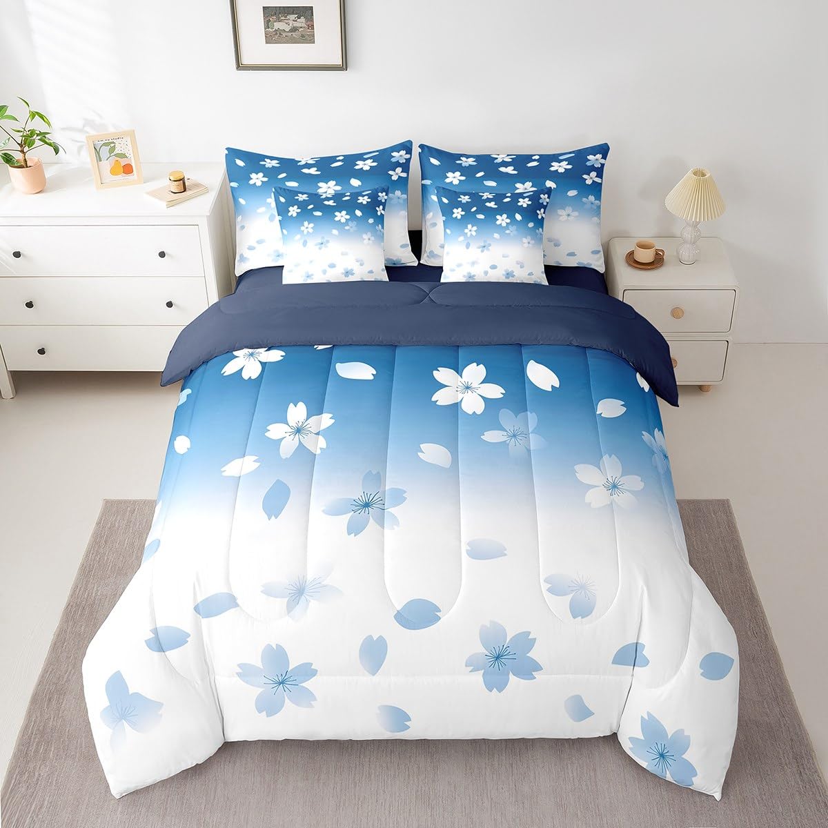 Erosebridal Blue Cherry Blossom Twin Comforter Set 7 Piece Dreamy Sakura Spring Plants Bedding Set Blue White Ombre Bed in A Bag for Kids Boys Girls,Japansese Style Botanical Theme Floral Bed Set