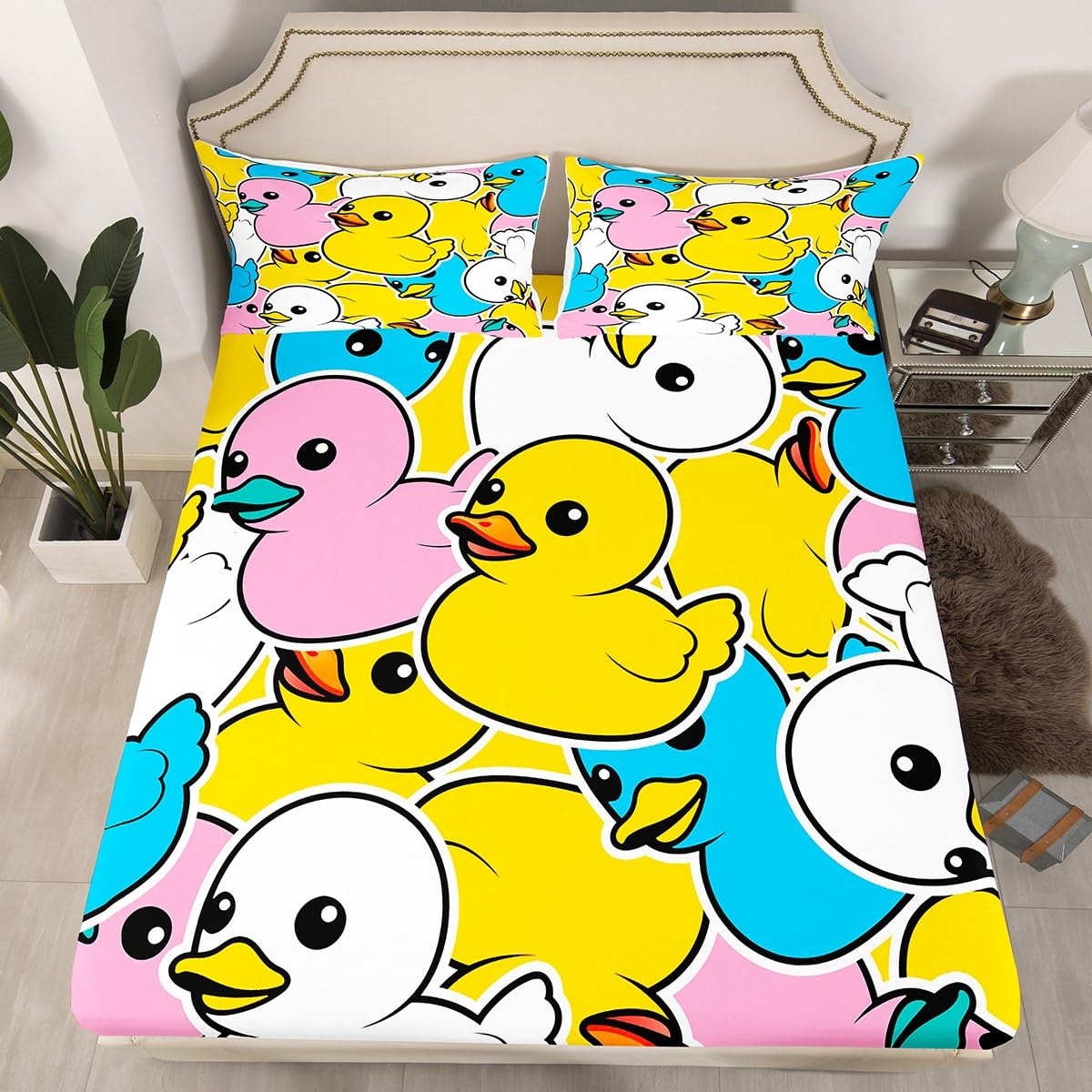 Erosebridal Colorful Duck Bed Sheets for Kids Boys Girls Toddler,Cartoon Duck Sheet Set Full,Graffiti Rustic Animal Bedding Set,Cute Farmhouse Animal Fitted Sheet + Top Sheet + 2 Pillowcases