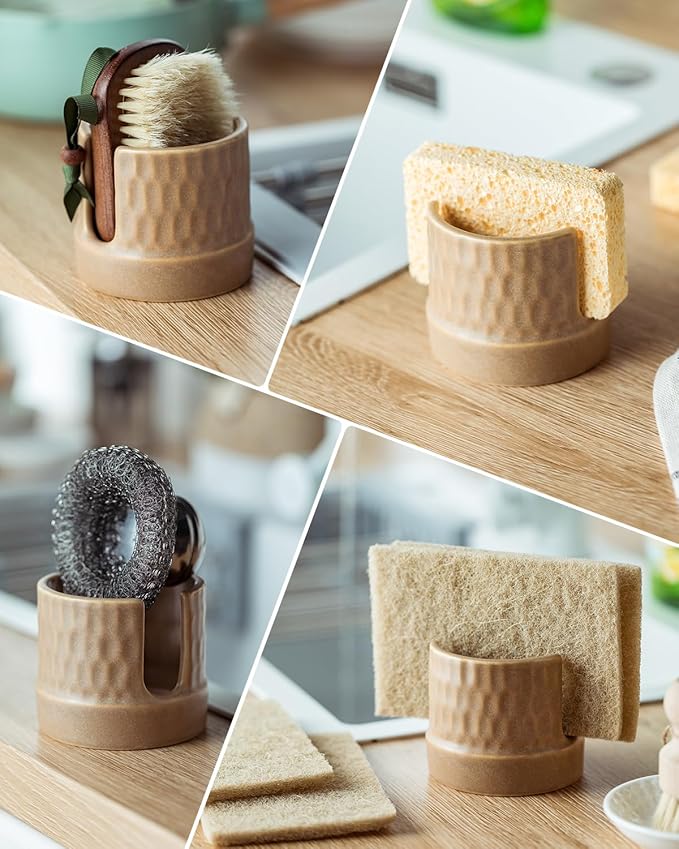 Sponge Holder for Kitchen Sink, Ceramic Sink Caddy Scrub Sponge Tray Dish Rack
