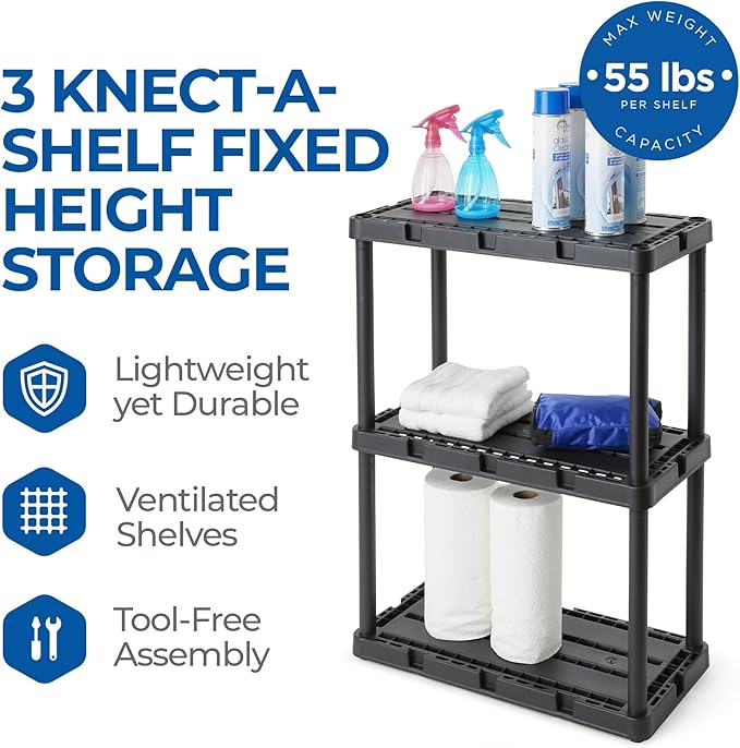 Gracious Living 3 Shelf Knect-A-Shelf Solid Light Duty Storage Unit 12 x 24 x 33" Organizer for Home, Garage, Basement & Laundry, Black