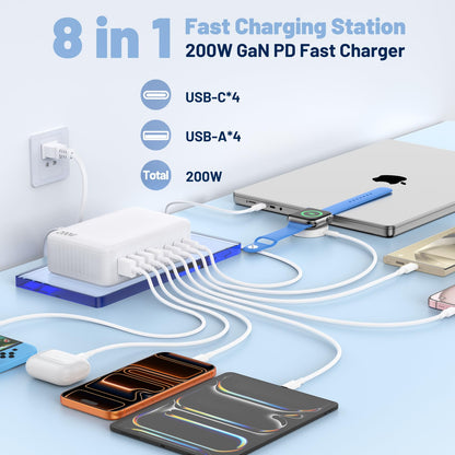 Essri 8-Port USB C Charging Station,65W GaN USB C Charger Block,PD 3.0 Desktop Charger, Power Strip Adapter Compatible with iPhone 17/16/15/14,MacBook Air/Pro,DELL, iPad Pro,Galaxy and More,White