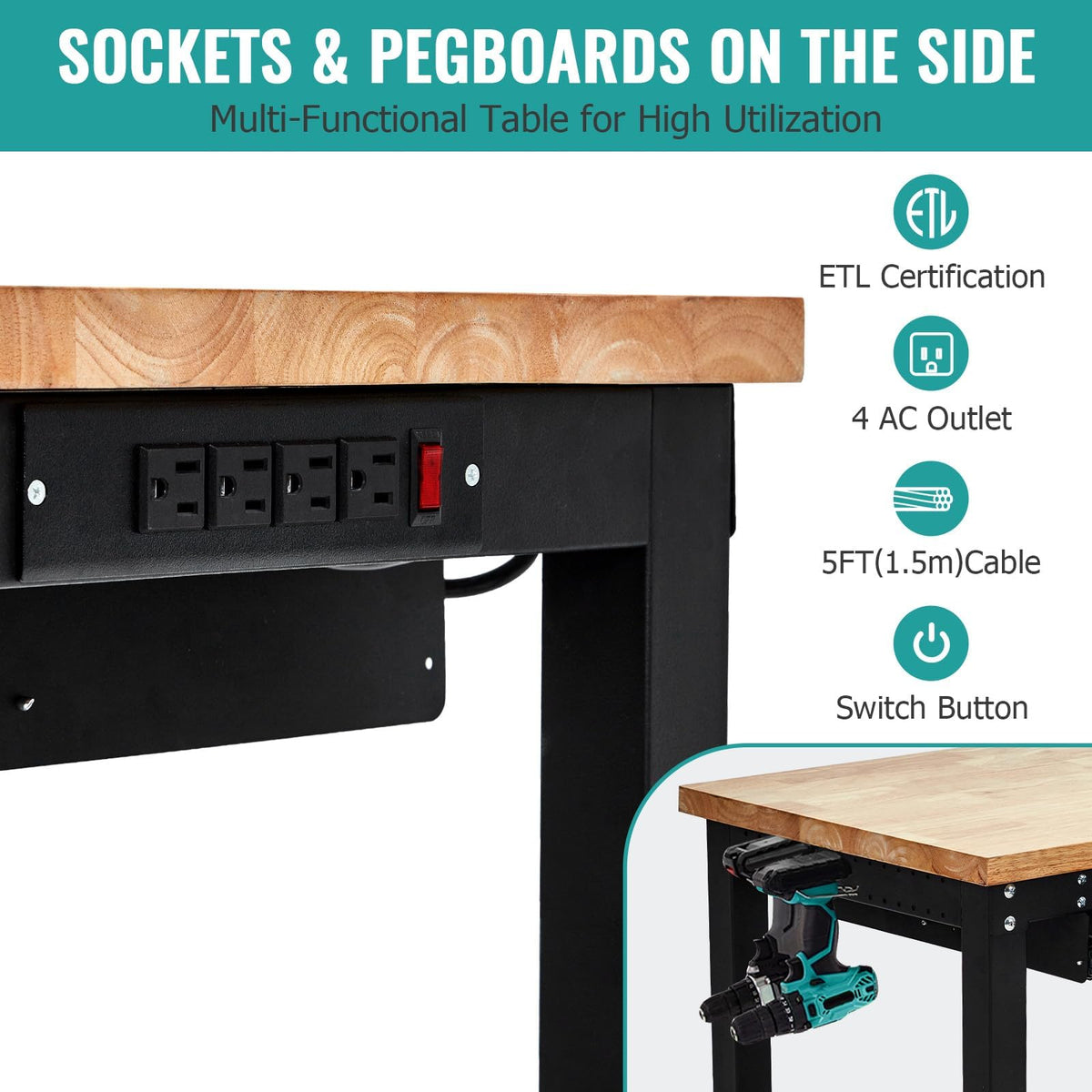 60" Adjustable Workbench, 3000 Lbs Capacity Heavy-Duty Work Bench Table with Power Outlet & Pegboard, Rubber Wood Top Garage Work Table with 2 Drawers & Pegboard for Workshop, Garage, Office