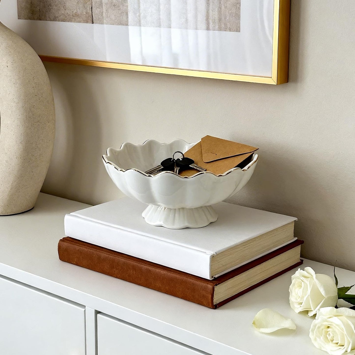 White Small Decorative Bowl 8 Inch Ceramic Key & Fruit Bowl Ruffle Lotus Shape with Gold Rim Candy Bowl, Multi-Use Centerpiece Pedestal Bowls for Kitchen Counter, Coffee Table, Entryway, Wedding