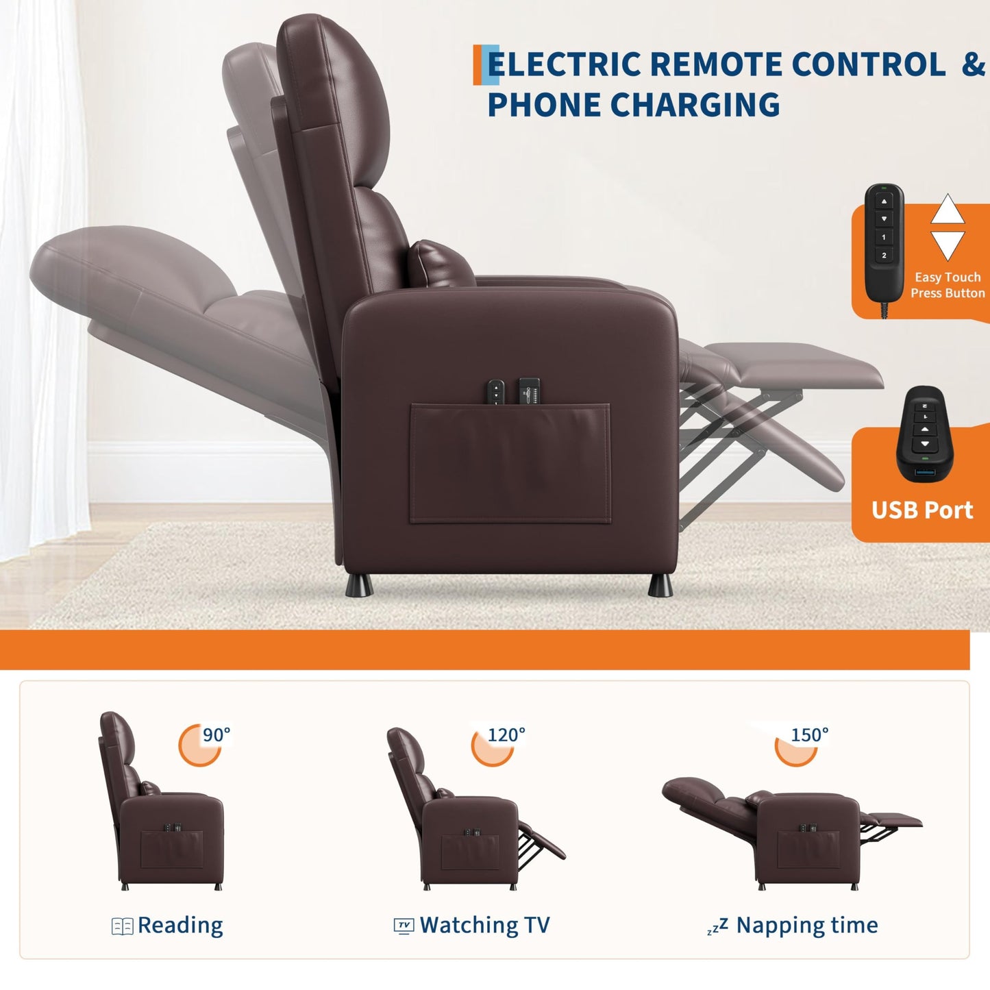 GarveeHome Power Recliner Chair - Heat and Massage, Adjustable Electric Recliner Ergonomic PU Leather Single Sofa, Tall Back, Padded Seat, Home Theater Seating for Living Room