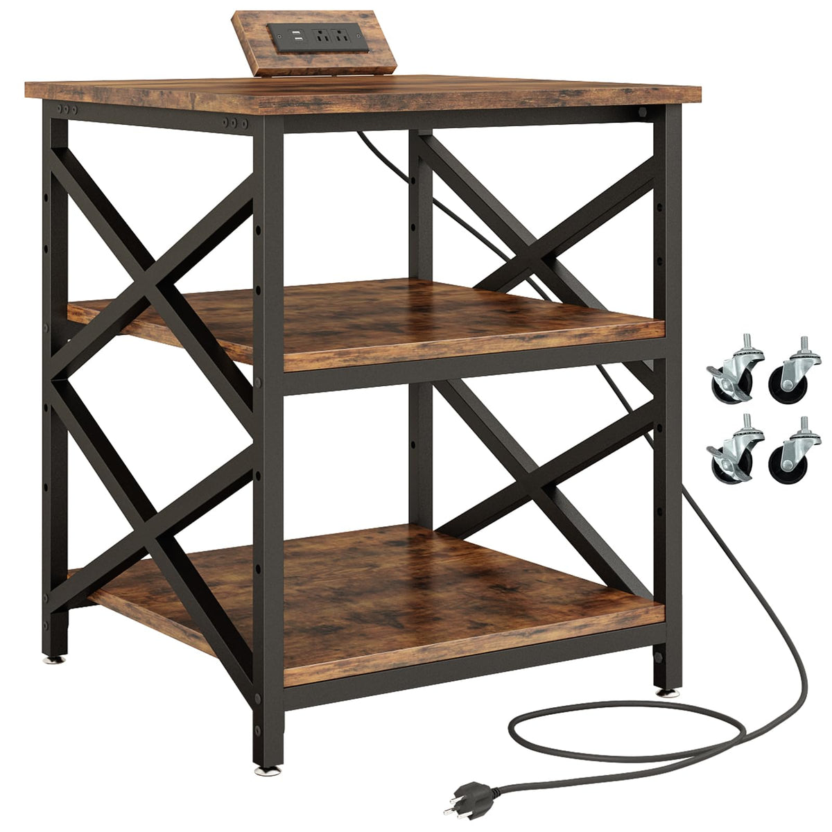 METYERRY Large Printer Stand with Power Outlet, with Height Adjustable Storage Shelf, 3 Tier Rolling Printer Cart with Industrial Wheels, 23.6 x 23.6 Inches Printer Table for Home Office, Rustic Brown