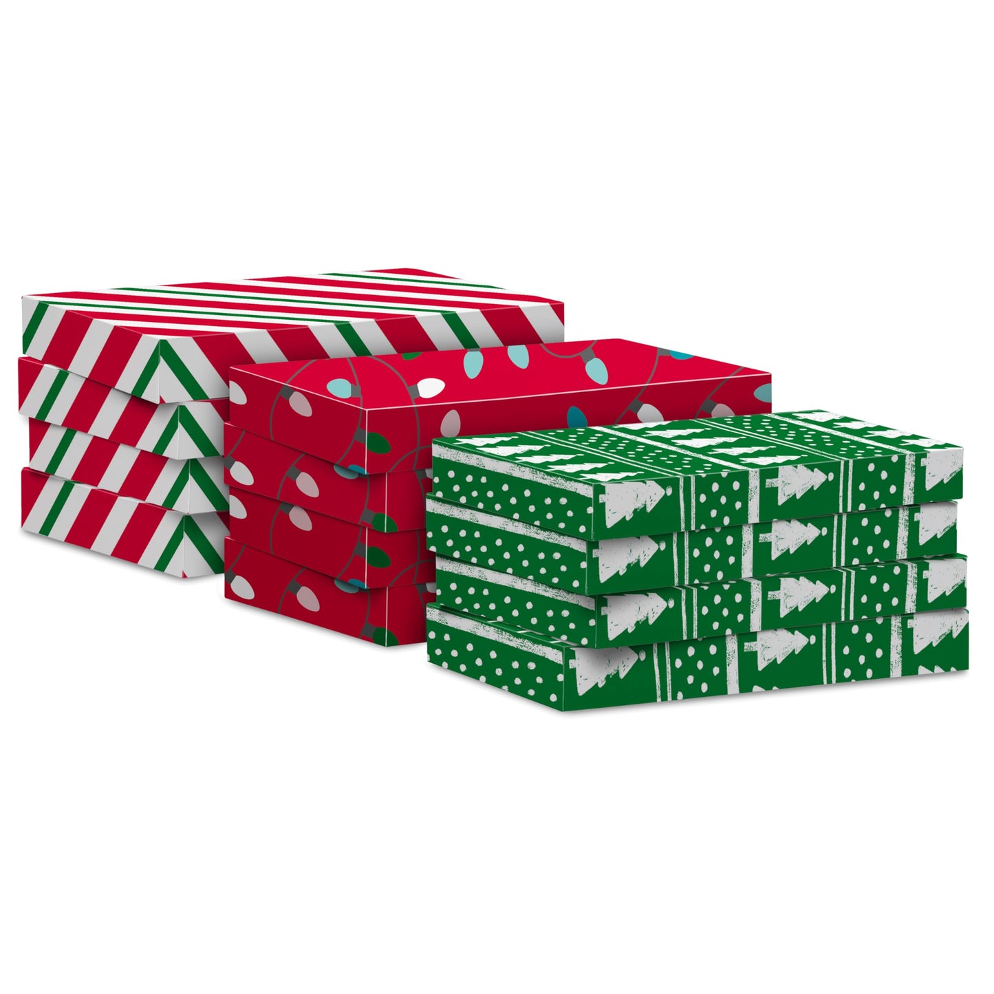 Hallmark Medium Christmas Gift Boxes with Lids (12 Shirt Boxes, 3 Designs: Lights, Trees, Red and Green Stripes) for Christmas, Holiday Parties, Hostess Gifts