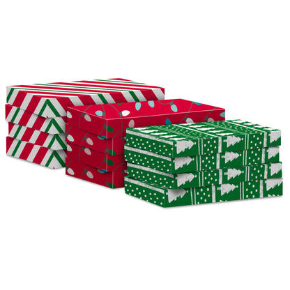 Hallmark Medium Christmas Gift Boxes with Lids (12 Shirt Boxes, 3 Designs: Lights, Trees, Red and Green Stripes) for Christmas, Holiday Parties, Hostess Gifts