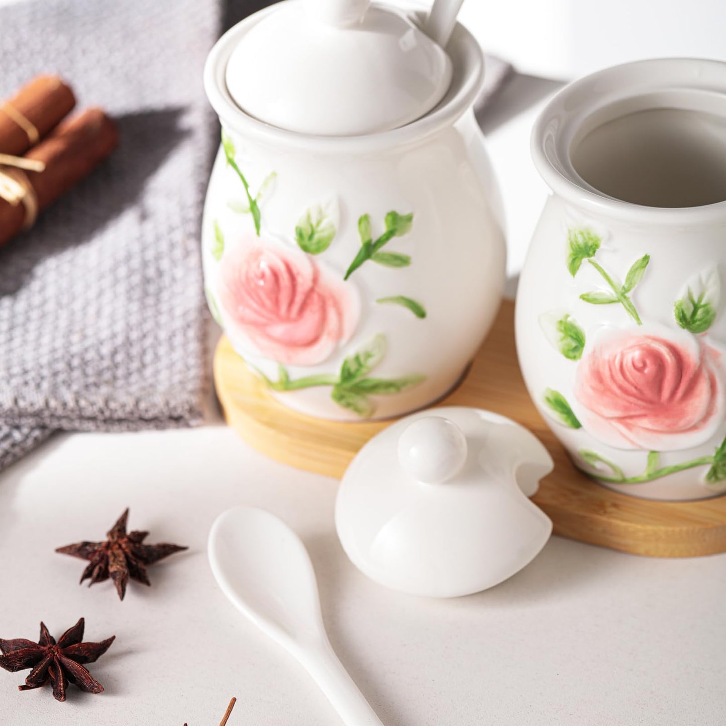 Seasonsplan Hand Drawn Relief ceramics Ceramic Sugar Bowl 2 Pack, PorcelainJar with Tray, Spoon and Lid for Sugar, Pepper, Coffee, Spice, Salt, 8 Ounces (Hand Drawn Relief)