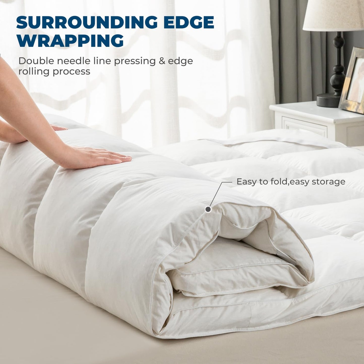 ROSE FEATHER Goose Down Feather Mattress Topper, RV King Down Mattress Protector Cover with Straps, Plush Soft Fluffy Baffled Pillowtop Featherbed Cooling Pad All-Season Luxury (72x80 Inch)