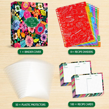 3 Ring Recipe Binder, 8.5x11 inch 3 Ring Recipe Binder Kit with 50 Plastic Sleeves Protectors, 100 Packs 5x7 inch Recipe Cards & 8 Category Divider Tabs, Organizer Set Blooming Flowers Design