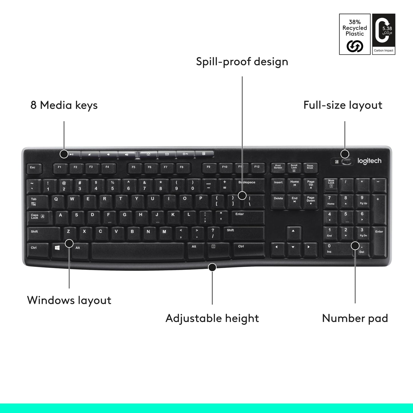 Logitech K270 Wireless Keyboard for Windows, 2.4 GHz Wireless, Full-Size, Number Pad, 8 Multimedia Keys, 2-Year Battery Life, Compatible with PC, Laptop, QWERTY UK English Layout - Black