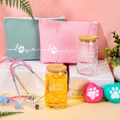 Sliner 2 Sets Veterinary Receptionist Week Gift for Women Inspirational 16 oz Glass Cups with Lid Makeup Bag with Stress Toy Vet Tech Assistant Dog Lover Cat Groomer Gifts Must Haves (Fresh Color)