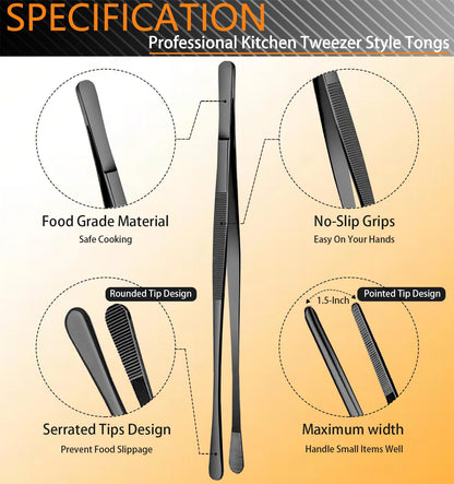 JETKONG 6 Pcs Cooking Tweezer Tongs, 12'' and 6.3" Stainless Steel Kitchen Tweezer Set, Professional Chef Tweezers for Cooking, Repairing, Sea Food, BBQ, Multi-use (Black)
