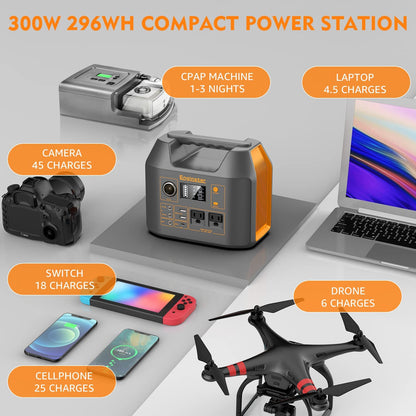 Portable Power Station EnginStar 300W Solar Generator 110V 296Wh Power Bank Two Pure Sine Wave AC Outlet 80000mAh Lithium Battery Pack for Camping Outdoors Trip RV Hunting Vans Emergency Backup