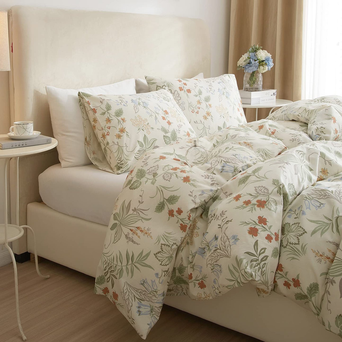 mixinni Floral Duvet Covers Queen Size Botanical Flower Leaf Printed on White Bedding Duvet Cover Set with Zipper Closure Ties for Him and Her 1 Duvet Cover with 2 Pillowcases-(3pcs, Queen Size)