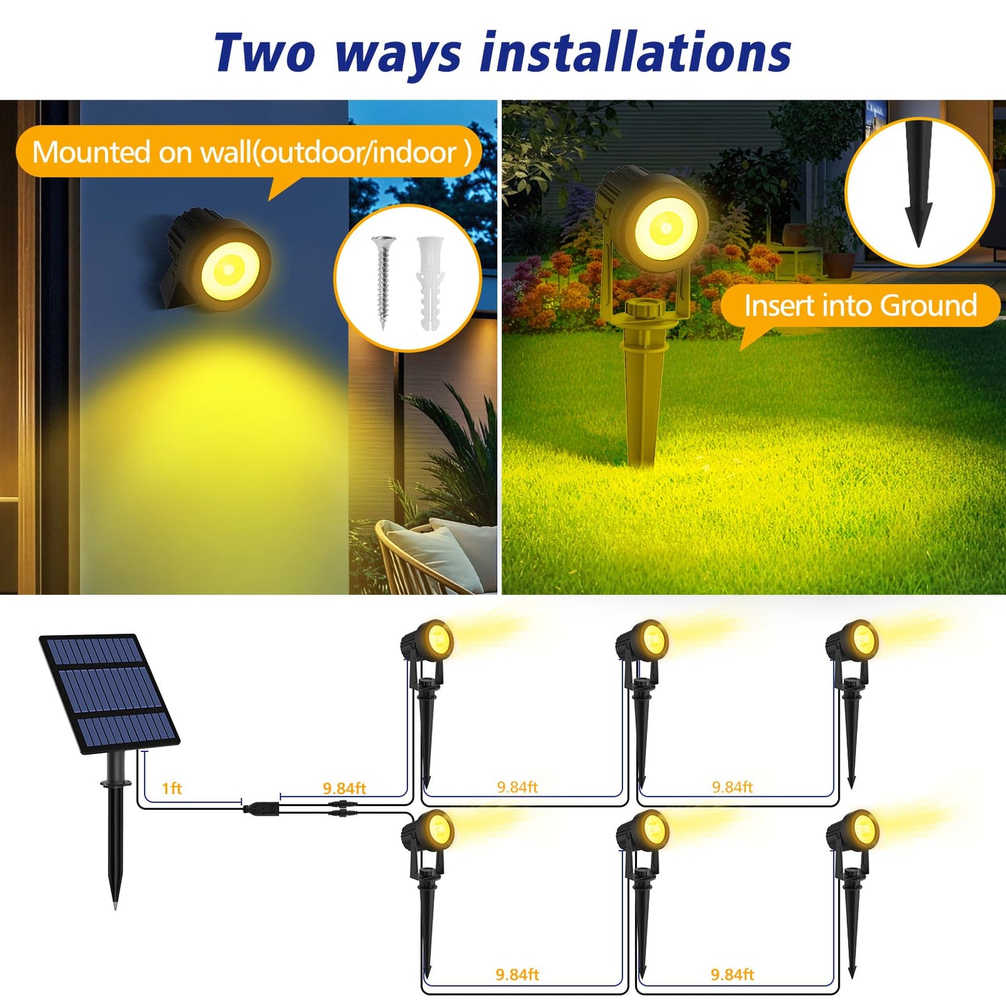 T-SUNUS Halloween Solar Spot Lights 6-in-1 Outdoor Warm White 3000K Landscape Spotlight IP65 Waterproof Separated Panel Spotlights with 9.8ft Cable Auto On/Off for Christmas Tree Lawn Driveway Pathway