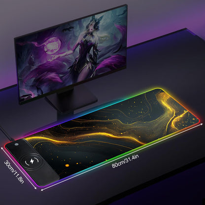 Wireless Charging RGB Gaming Mouse Pad, 31.5 x 11.8 Inch Extended Mouse Mat with Black & Gold Abstract Wave Design, LED Desk Pad with 7 Lighting Modes, Non-Slip Base for Gaming & Office
