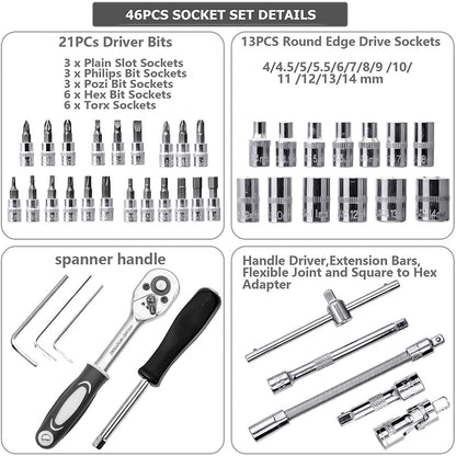 LUOWAN 46 Piece 1/4 Inch Drive Socket Set&Tool Sets,Ratchet Wrench Set with 4-14mm Cr-V Sockets,Screwdriver Bits,Extension Bars for Household Car Bike Repair