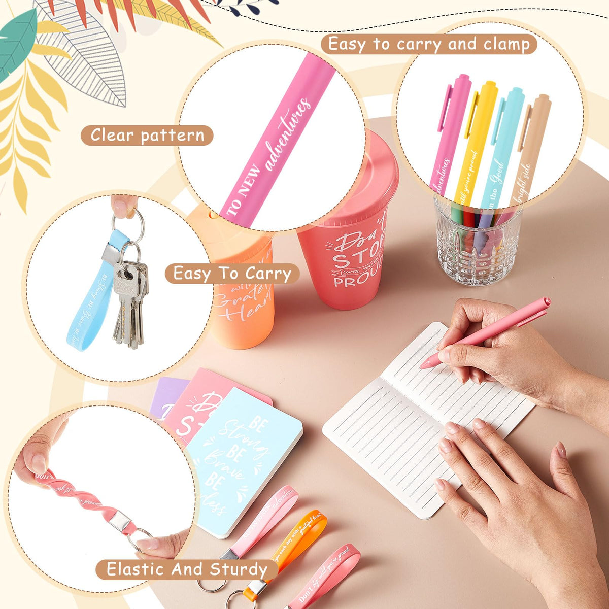 Hollowfly 12 Sets / 48 Pcs Inspirational Gifts Bulk for Employee Appreciation, 24 oz Plastic Cups and Pens Notebooks Keychains Set, Group Gifts for Office Staff Coworkers (Pastel)