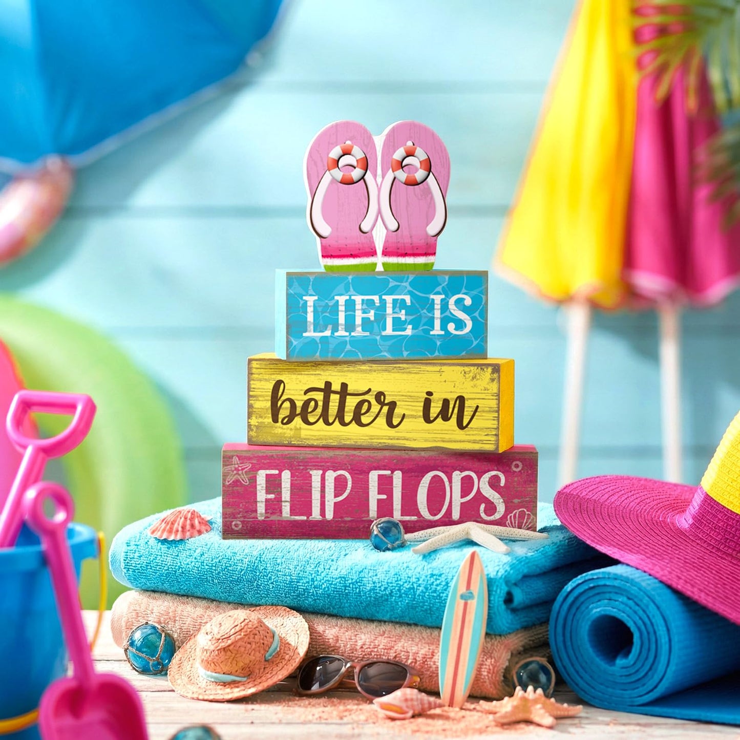 Yuntau 4 Pcs Summer Decorations for Home Flip Flops Table Decorations Wooden Sign Beach Table Centerpiece Summer Tiered Tray Decor Decorative Faux Book Stack Block for Office Coffee Mantel Shelf
