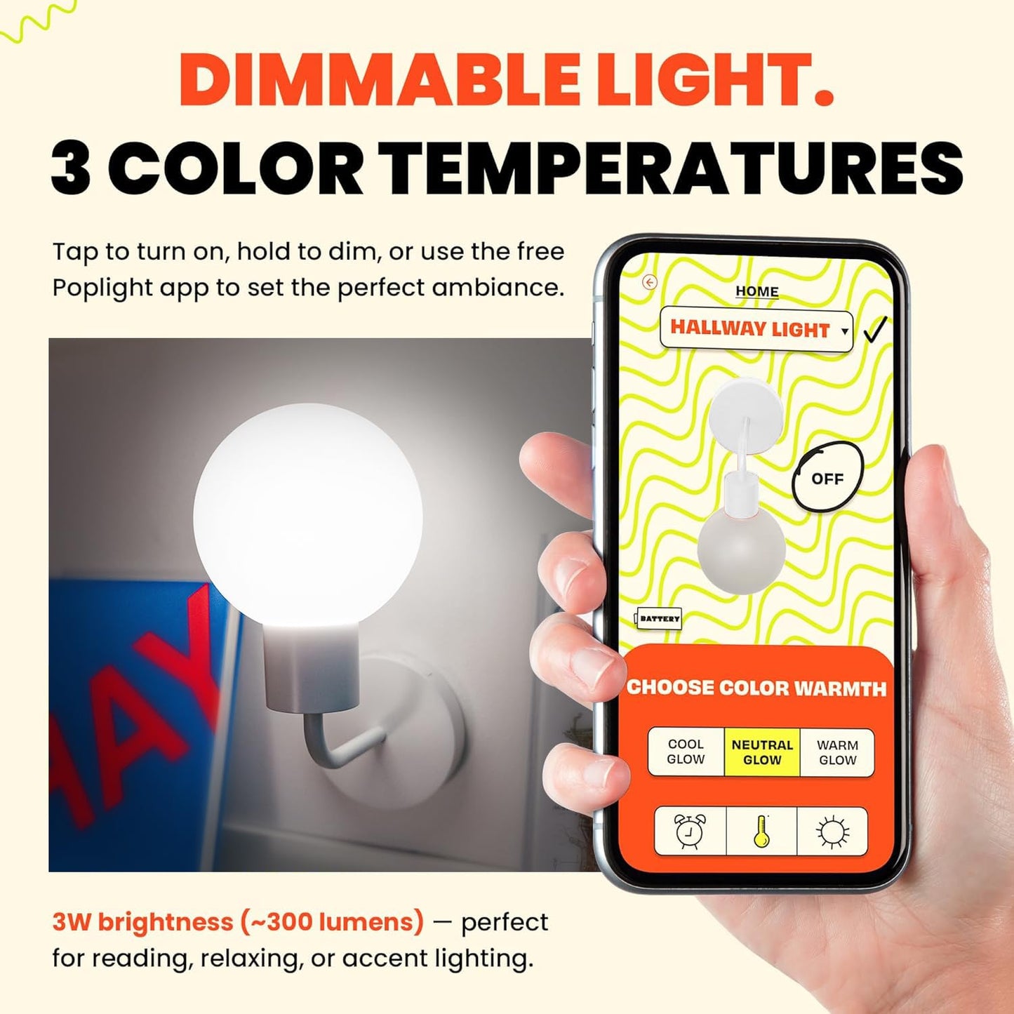 Poplight Wireless Wall Sconce (Shark Tank) Rechargeable & Dimmable LED Light w/App Control & Damage-Free Install, Moveable Modern Ambient Lighting for Elegant Home & Bedroom Decor | Popwhite
