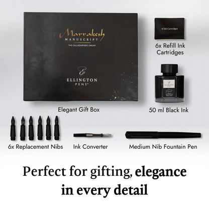 Ellington Pens Luxury Calligraphy Set - Premium Fountain Pen with 6 Nibs, 50 ml Black Ink Bottle, 6 Cartridges, Converter, Elegant Gift Box – Perfect for Drawing, Writing, Gifting (The Stealth)