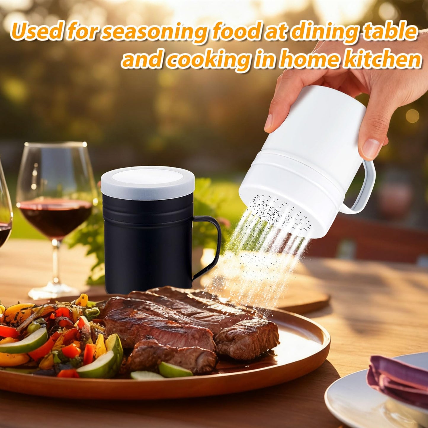 Acellegic 2 Pcs 10oz Stainless Steel Dredge Shaker Salt and Pepper Shakers with Handle and Plastic Cap Kitchen Spice Bottles Household Seasoning Jar For Salt Spice Sugar Flour