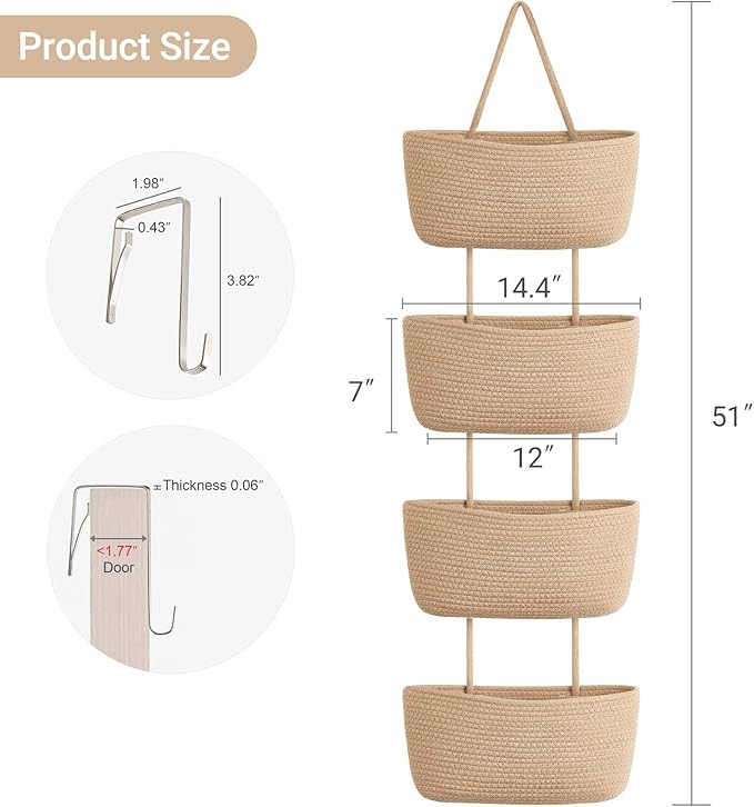 Dahey Over The Door Hanging Basket 4-Tier Woven Boho Wall Mounted Storage