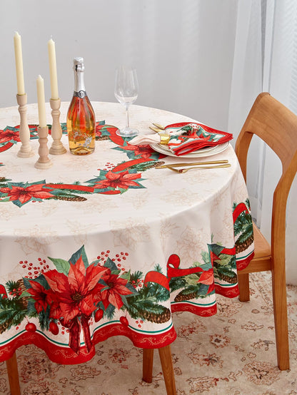 YiHomer Poinsettia Ribbon Engineered Printed Fabric Christmas Tabletop for Xmas Winter Holiday, Christmas Time, Tablecloth, 70" Round