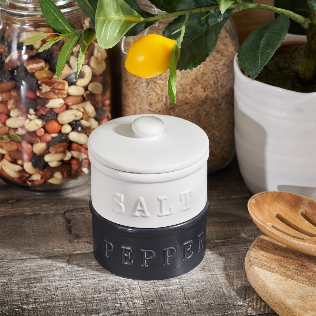 enkiware Salt and Pepper Bowls with Lid, Set of 2 - Stackable Rustic Farmhouse Decor for Your Kitchen - Containers and Boho Tabletop Accessories for Home - Ceramic Seasoning Holder for the Counter