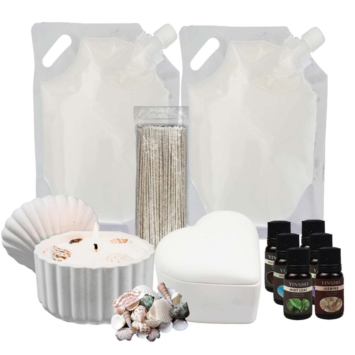 Pansyling 35oz Pearled Candle Wax Sand Crafting Set for Beginner,All-in-One Scented Candle Making Kits with 6 Essential Oils,2 Plaster Containers,50 Wicks & Seashells,DIY Powder Candles(White)