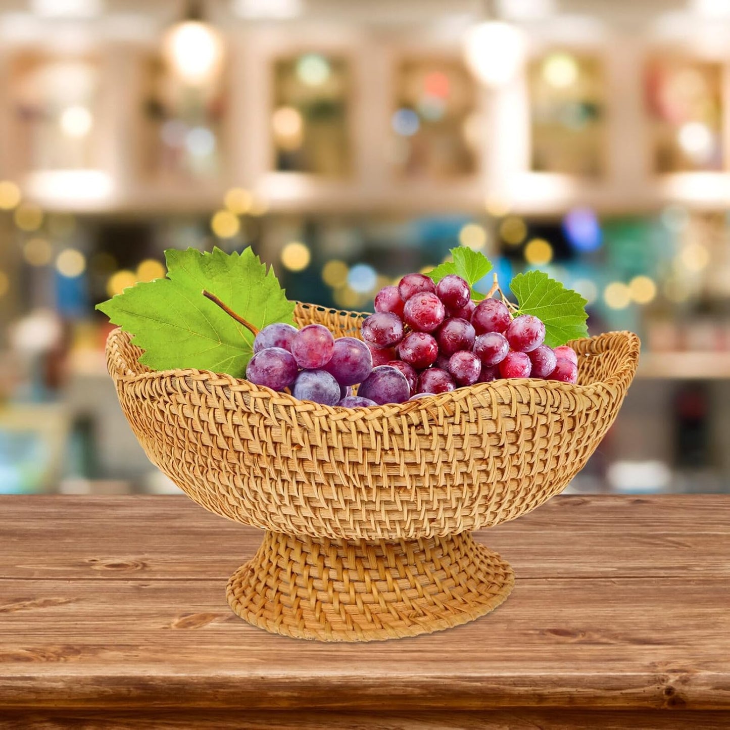 DOITOOL Rattan Fruit Bowl, Woven Footed Bowl Round Pedestal Plate Decorative Bowl for Table Centerpiece, 10 Inch Rattan Footed Bowl Woven Fruit Bowl for Kitchen Counter or Table Decorations