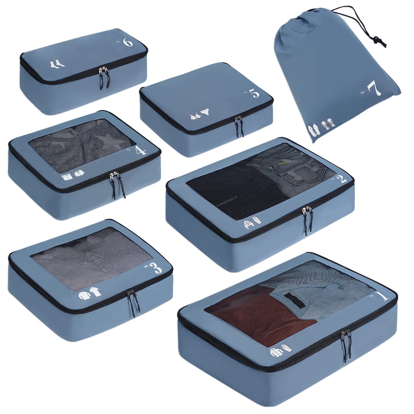 ECOHUB Packing Cubes for Suitcase 7 PCS Travel Organiser Packing Bags Recycled PET Eco Friendly Travel Accessories Shoes Bags Storage Bag Luggage Organiser Pouch(Blue)