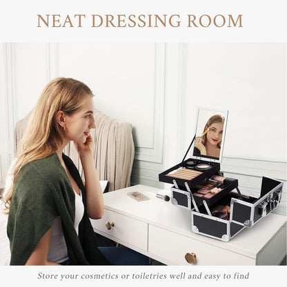 Frenessa Cosmetic Case Makeup Organiser Box Beauty Storage Make Up Case Vanity Box with Mirror Lockable with Keys, Black