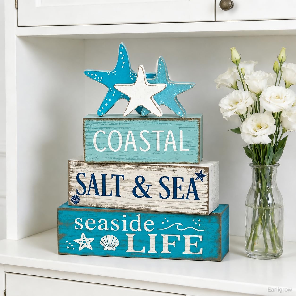 4 Pcs Summer Beach Table Decor Starfish & Seashell Coastal Nautical Wooden Block Signs, Rustic Farmhouse Tiered Tray Decorations for Home Bathroom Office Desk Shelf Mantel