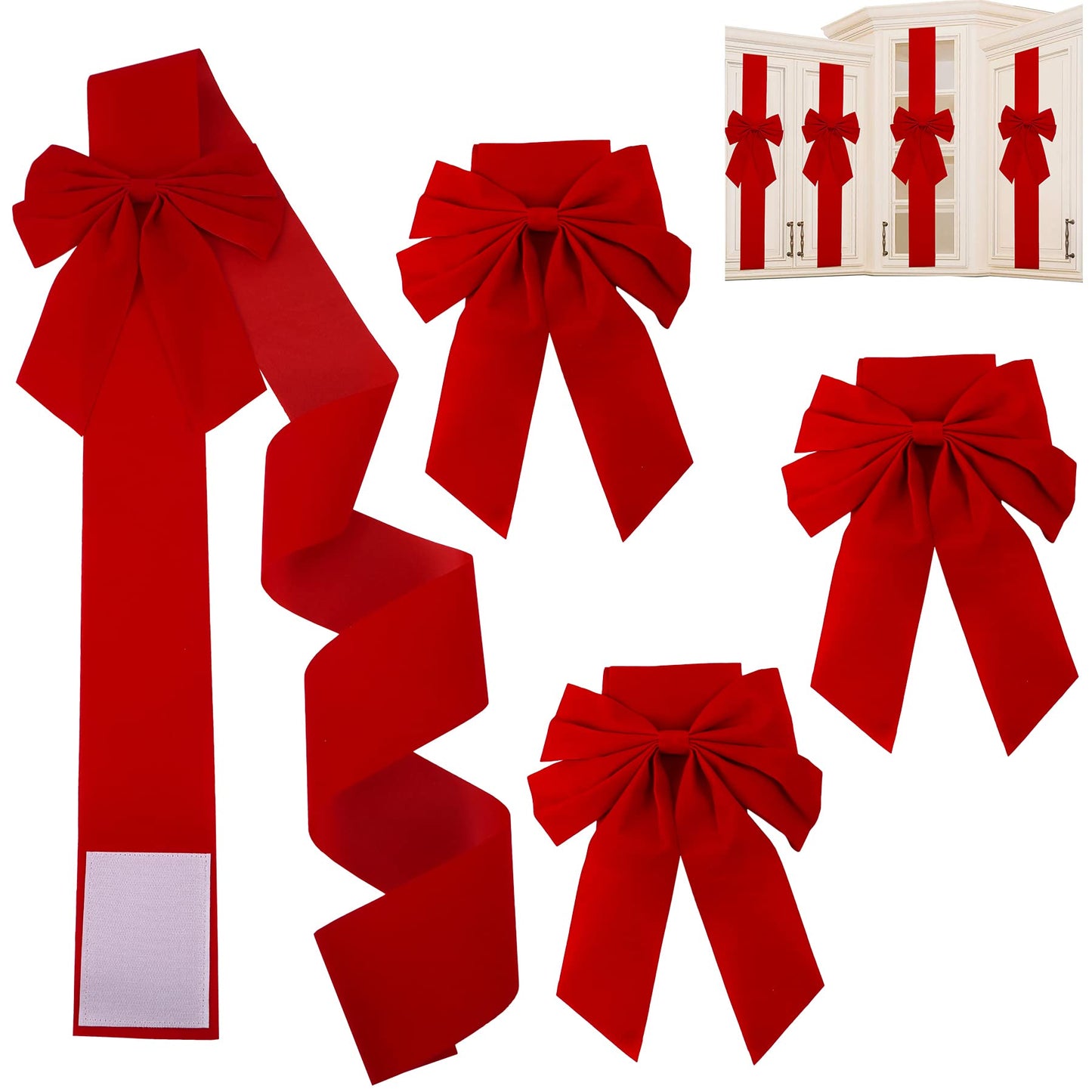 Cabinet Door Festive Ribbons and Bows Decoration Christmas Wreath Bow for Christmas Tree Fireplace Door Party Holidays Wrapping Decorations (4, Red Velvet)