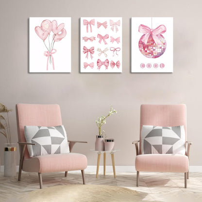 Preppy Pink Bow Canvas Wall Art, Trendy Bows Coquette Room Wall Decor Paintings, Pink Girly Disco Aesthetic Posters Prints Pictures for Girls Dorm Bedroom 16x24 Inch Framed